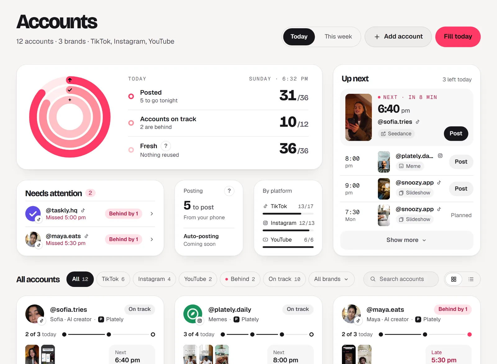 The Accounts page: today's posts, accounts on track, what goes out next, and a card for each account.